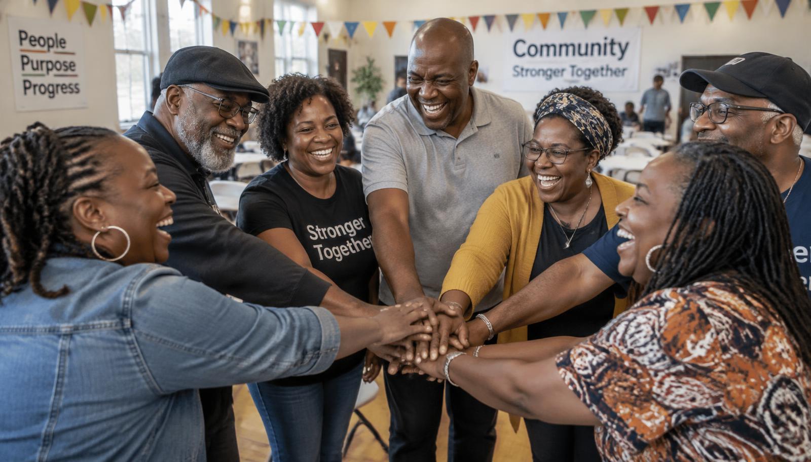 A savings circle celebrating together in a community hall, hands stacked in the middle