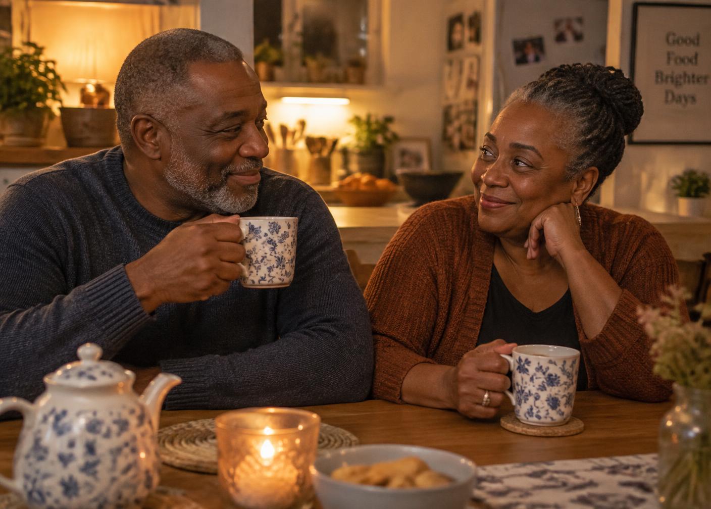 Two circle members sharing tea at a kitchen table