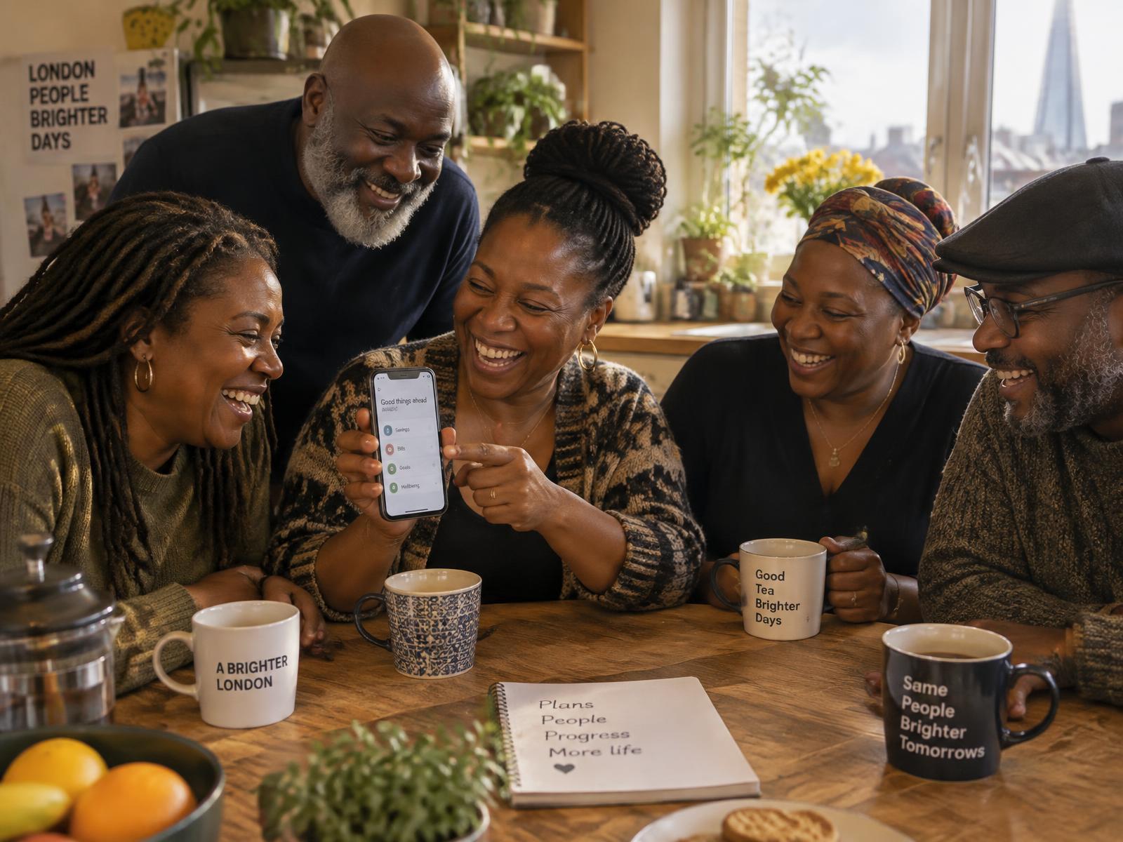 Members of a savings circle around a kitchen table